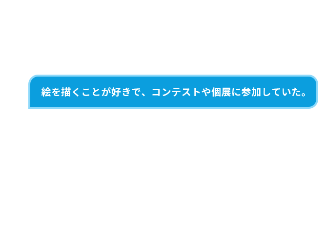 絵を描くことが好きで、コンテストや個展に参加していた。