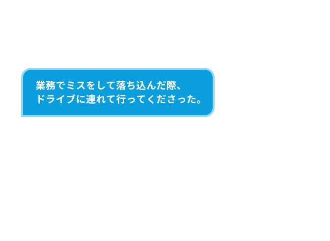 配属後、ブラザー制度により若手と中堅の2名の教育係が付けられ、業務上の相談から私生活の相談にも乗ってもらえる。