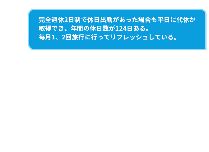 完全週休2日制で休日出勤があった場合も平日に代休が取得でき、年間の休日数が124日ある。毎月1、2回旅行に行ってリフレッシュしている。